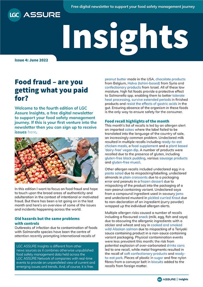 Front cover of LGC ASSURE Insights edition 4 with main image showing an apple producer lifting up a box of red apples onto a pile of other boxes. Submit your information on the web form to download the pdf to read the publication.