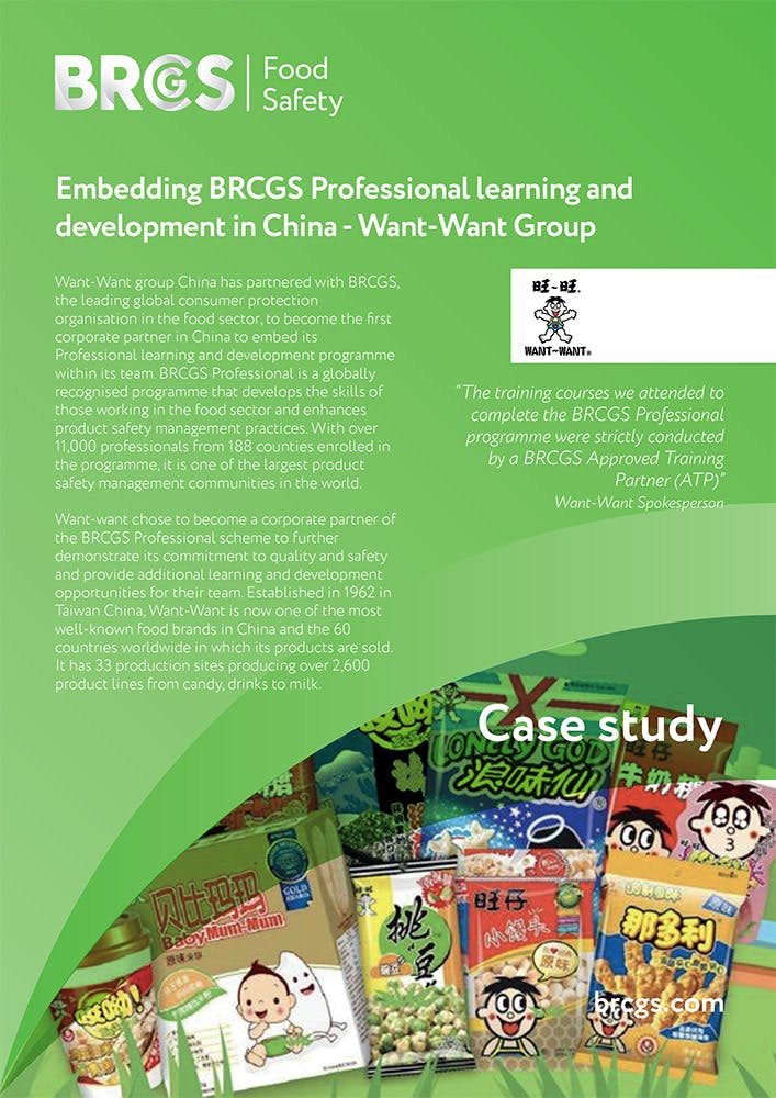 BRCGS Want Want Success Story front cover showing BRCGS Food Safety and Want Want logos. Title text of the front cover is "Embedding BRCGS Professional learning and development in China - Want-Want Group". Follow the link below to download the pdf file to read the full document.