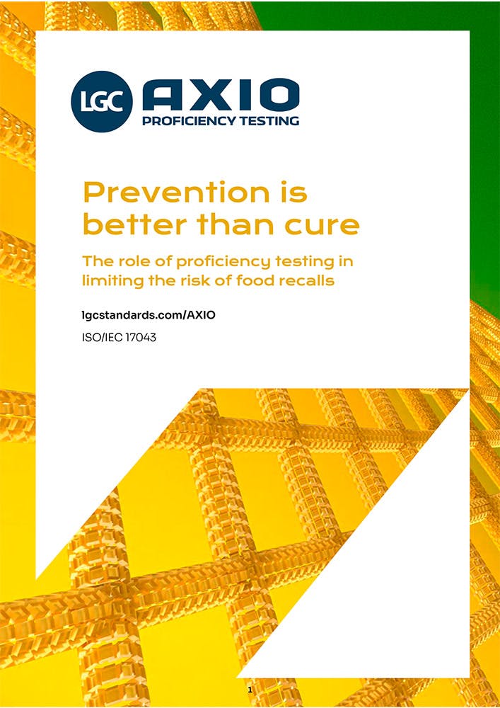 Front cover of whitepaper saying: Prevention is better than cure: The role of proficiency testing in limiting the risk of food recalls: lgcstandards.com/AXIO, ISO/IEC 17043